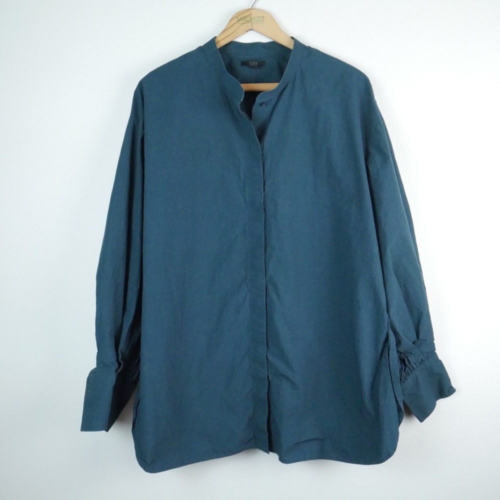 COS Teal Band Collar Pleated Back Cotton Blouse Shirt 10 Artsy Minimal Capsule